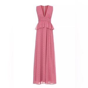 LDT ✨Pink Maxi Dress Deep V Ruffle Waist Flowy Formal Evening Wedding Guest